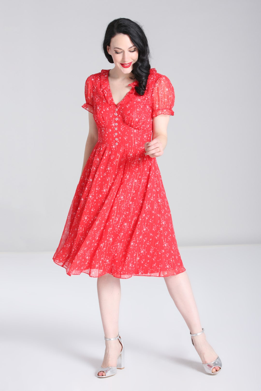 open lace back dress Hell Bunny Thorn Roses 70's Midi Dress Black Red