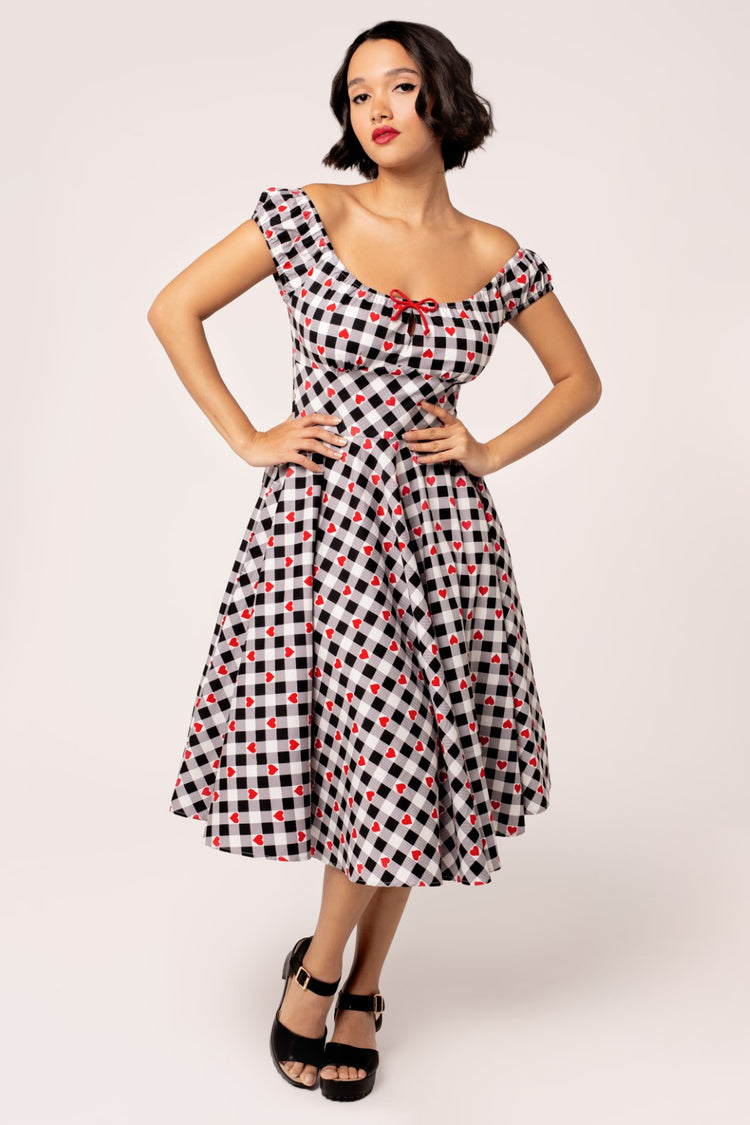 Hell Bunny Leonie Gingham Hearts 50s Swing Skirt Black White