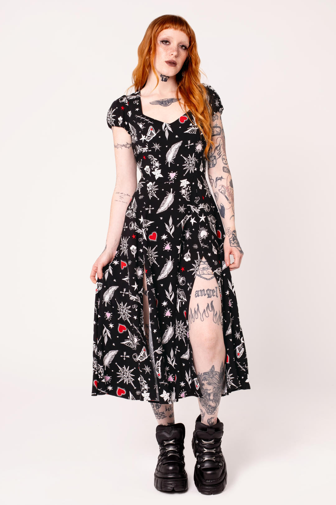 leah midi dress Hell Bunny Women's Leah Tattoo Print Viscose Long Dress with Black female L