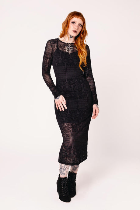 black dress long sleeve Dylan Maxi Rowan Long sleeves and gathered shoulder details add soft volume Hell Bunny Dresses - Alternative,