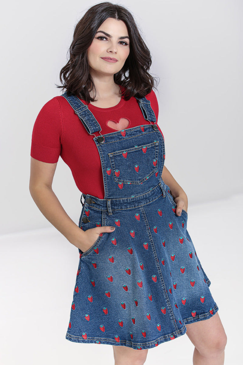 Strawberry Denim Pinafore Dress