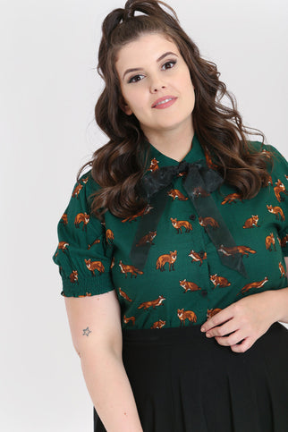HELL BUNNY VIXEY BLOUSE DARK GREEN